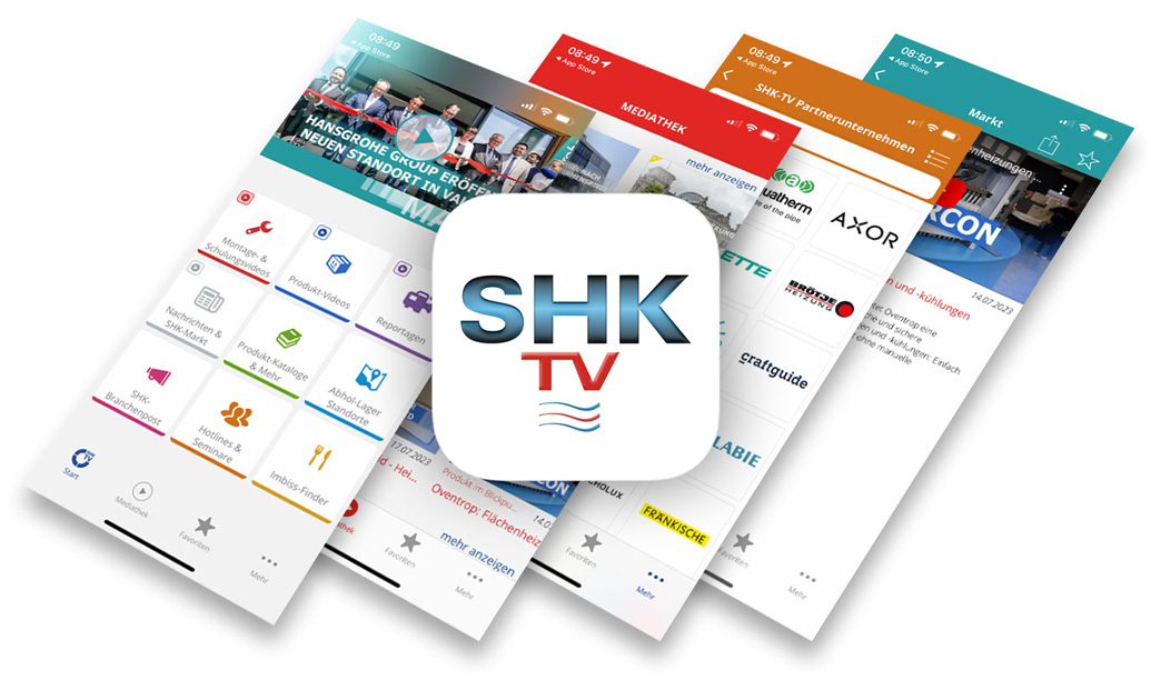 Screensshots der SHK-TV App mit App Icon im Vordergrund.
